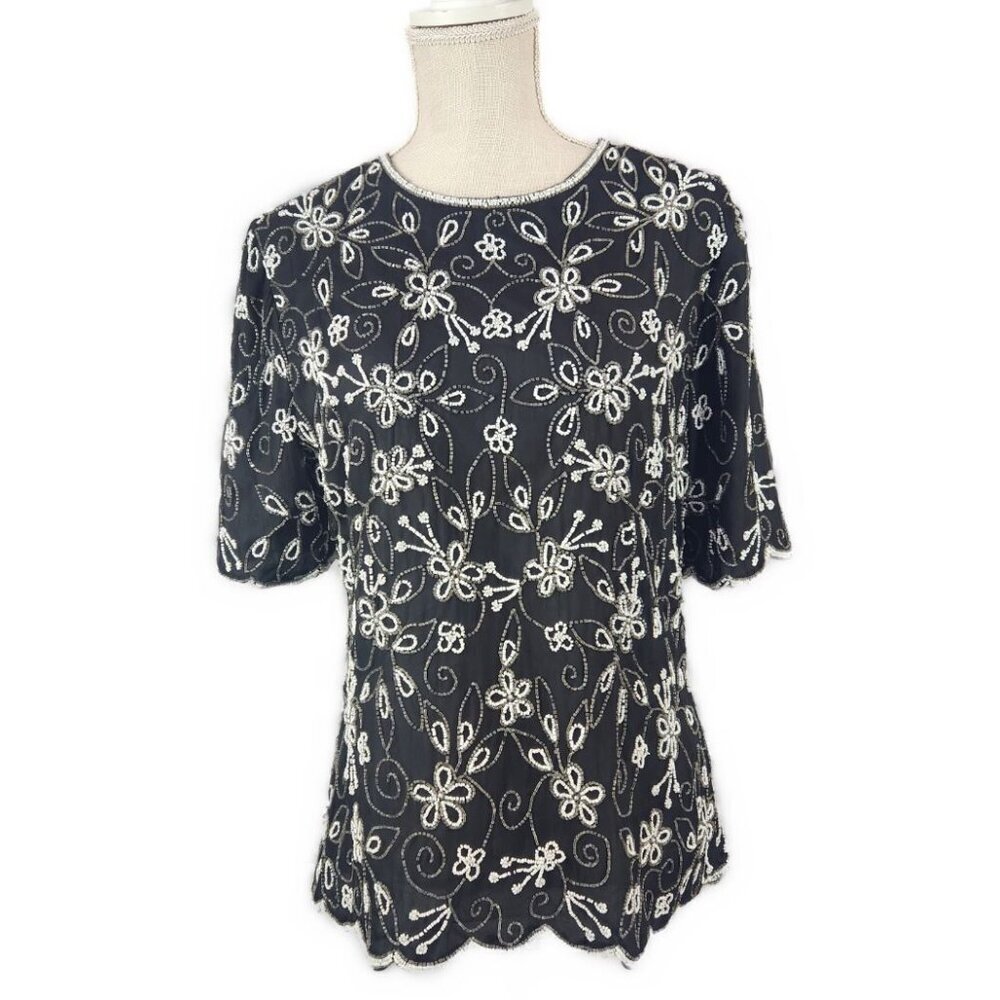Laurence Kazar New York Beaded Evening Top Women's Sz L Black Silk Short Sleeve